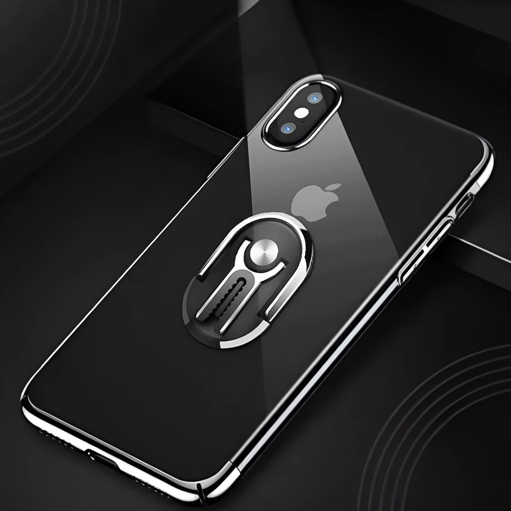 Universal car mobile phone mount bracket attached to car air vent showing adjustable clamp and 360-degree rotation ball joint