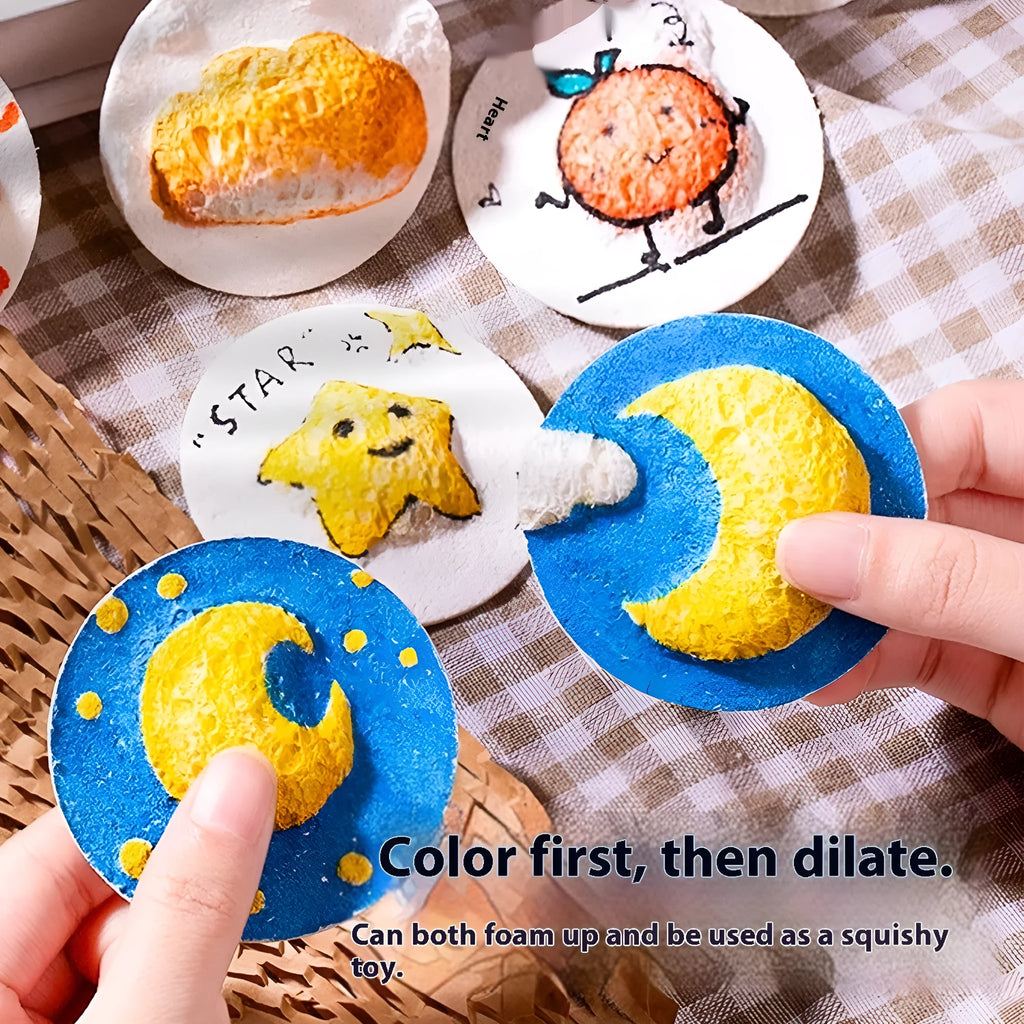 Cartoon painting set with wood pulp paper, six fountain pens, and heart, round, and square shaped sponges