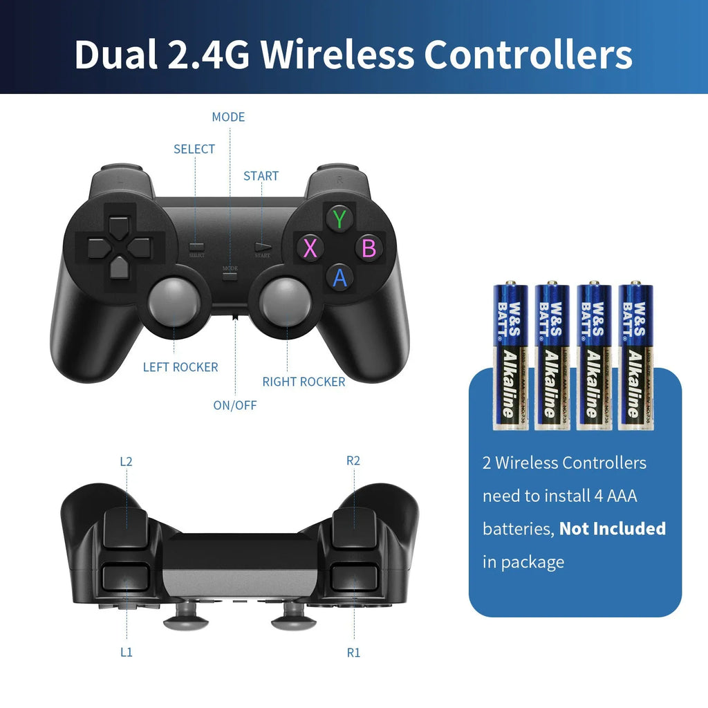 Compact 4K wireless open source TV game console with controller and cables