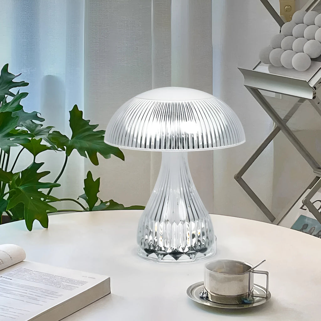 White USB rechargeable acrylic table lamp with three-colour changing LED light, dimensions 20cm by 16cm.