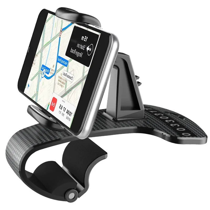 Black 360-degree rotating car phone holder with an adjustable width cradle on a car dashboard.