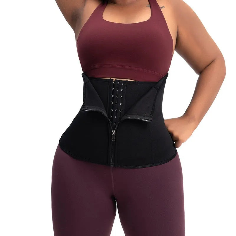 A black neoprene breasted body shaping belly band laid flat, showing its high-waist design.