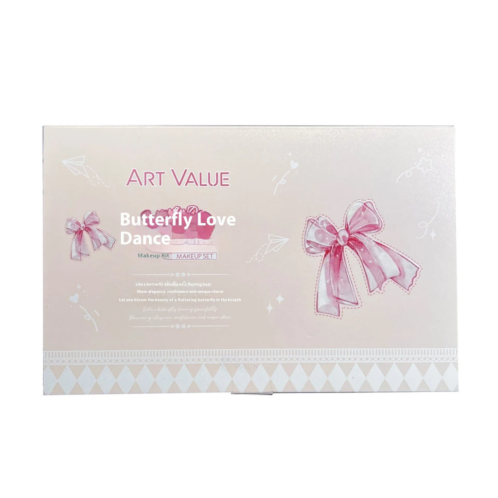 Pink Butterfly Box makeup set with four lip muds, a powder blusher, and a necklace
