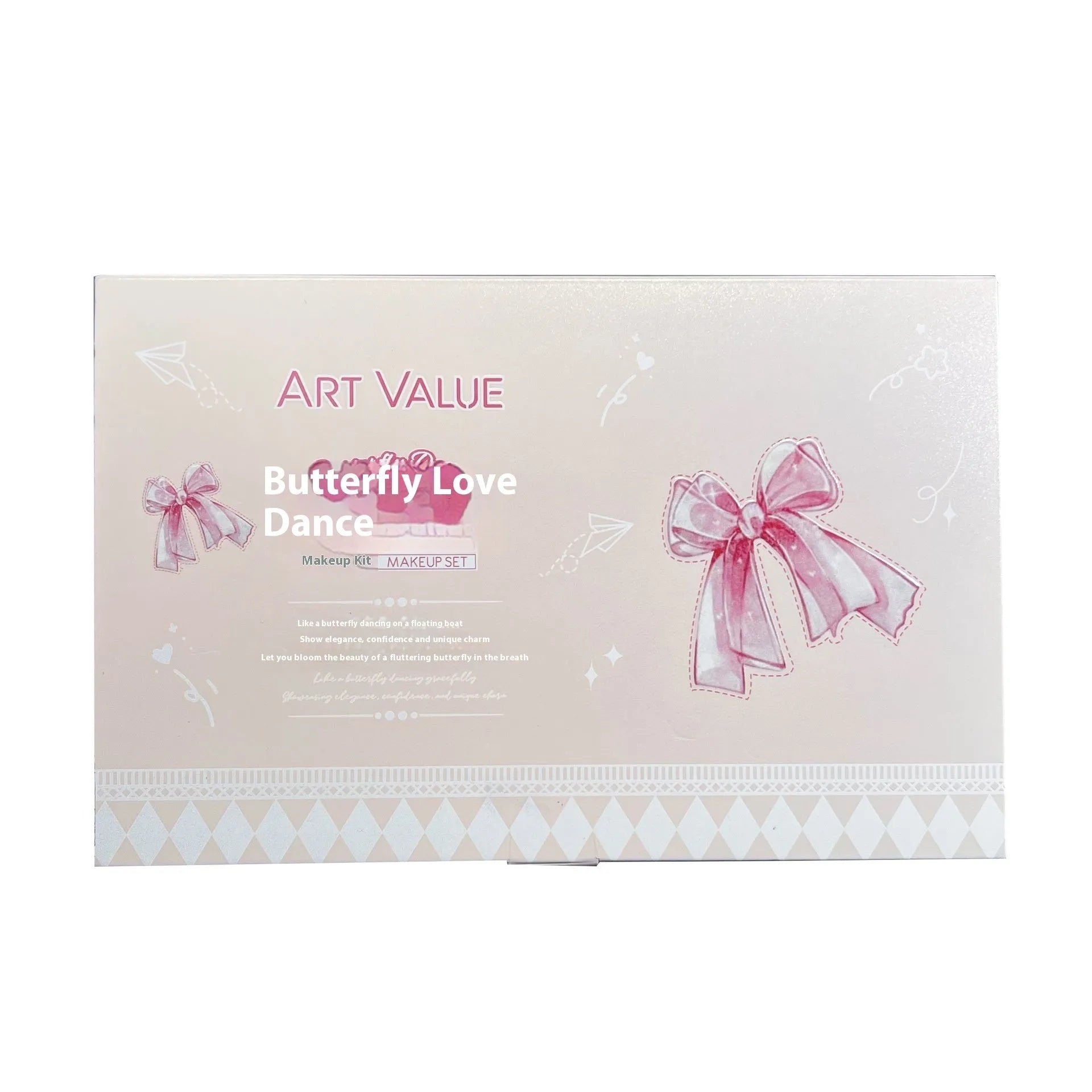 Pink Butterfly Box makeup set with four lip muds, a powder blusher, and a necklace