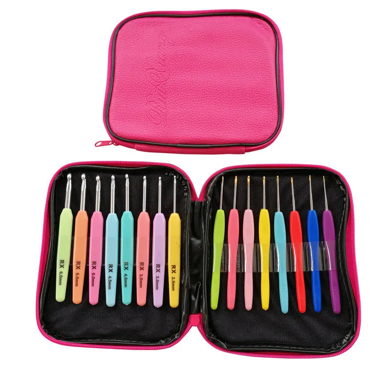 Set of 16 crochet hooks with thick and thin handles inside a black PU storage bag.