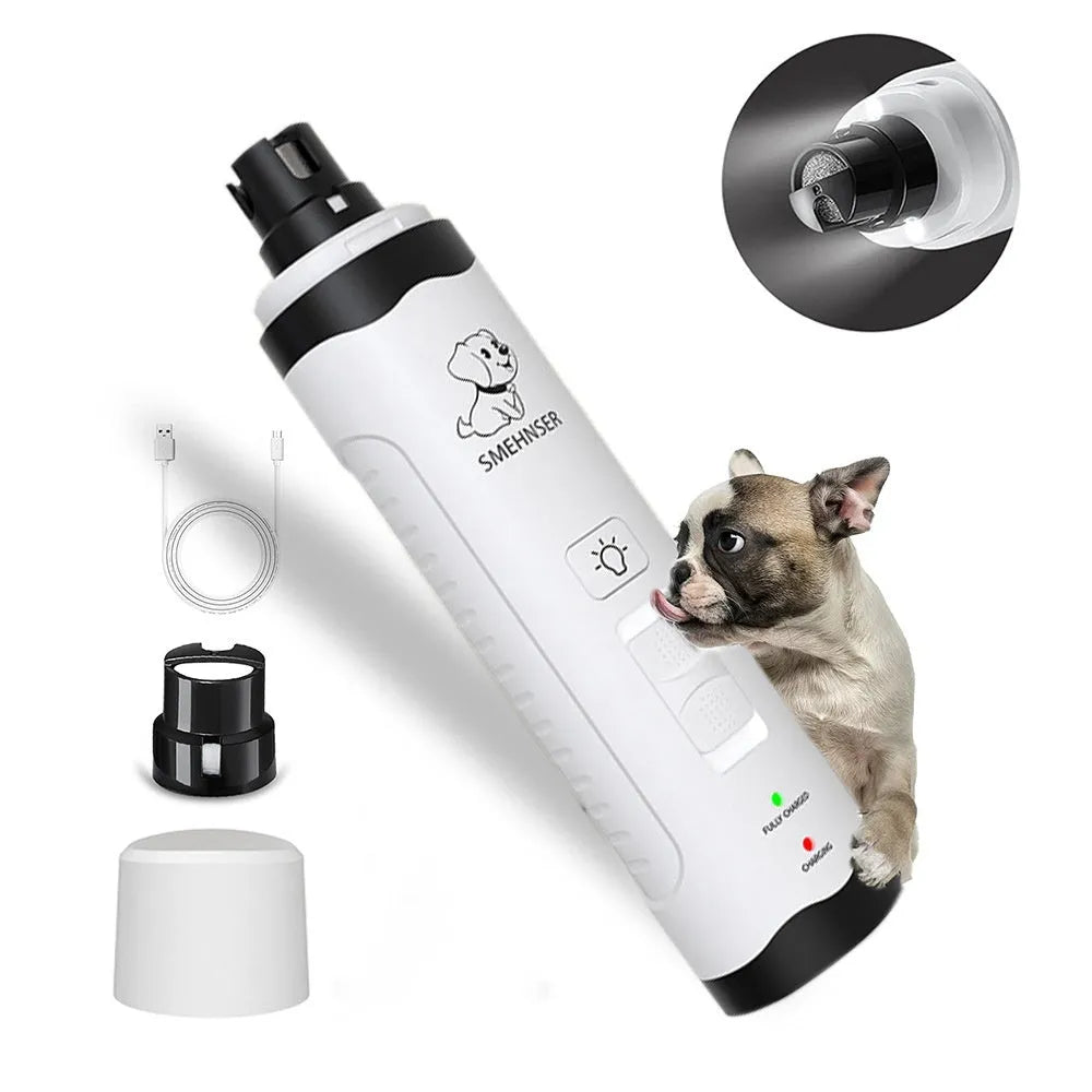 Automatic electric nail grinder for dogs with LED display and dust collection compartment.