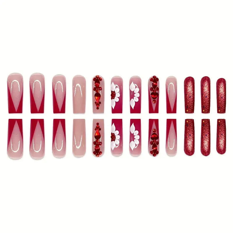Sweet Flowers Prismatic Red Diamond removable fake nails set with jelly glue and nail file