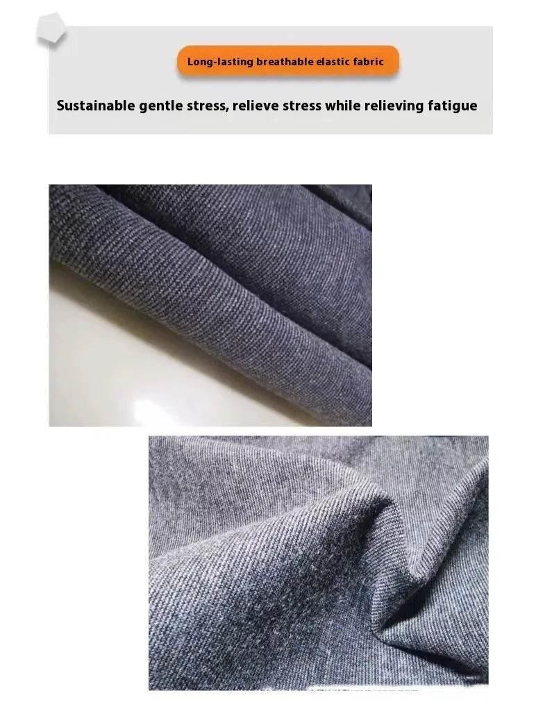 Heather grey dog anxiety vest in brocade cotton fabric on a medium-sized dog.