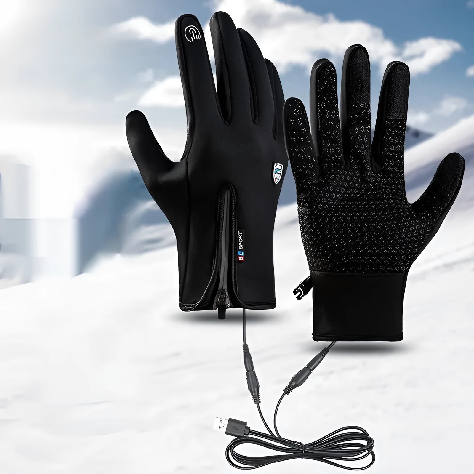 USB heated cycling gloves for men and women in black with constant temperature heating, waterproof nylon, and reflective panels