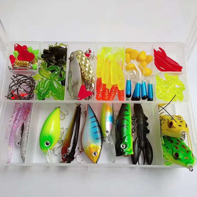 142-piece fishing lure set with metal pliers showing lures, sequins, and fishhooks