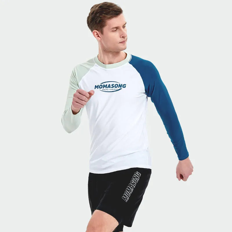 Men's white long-sleeved swim top with matching double-layer swimming trunks for water sports