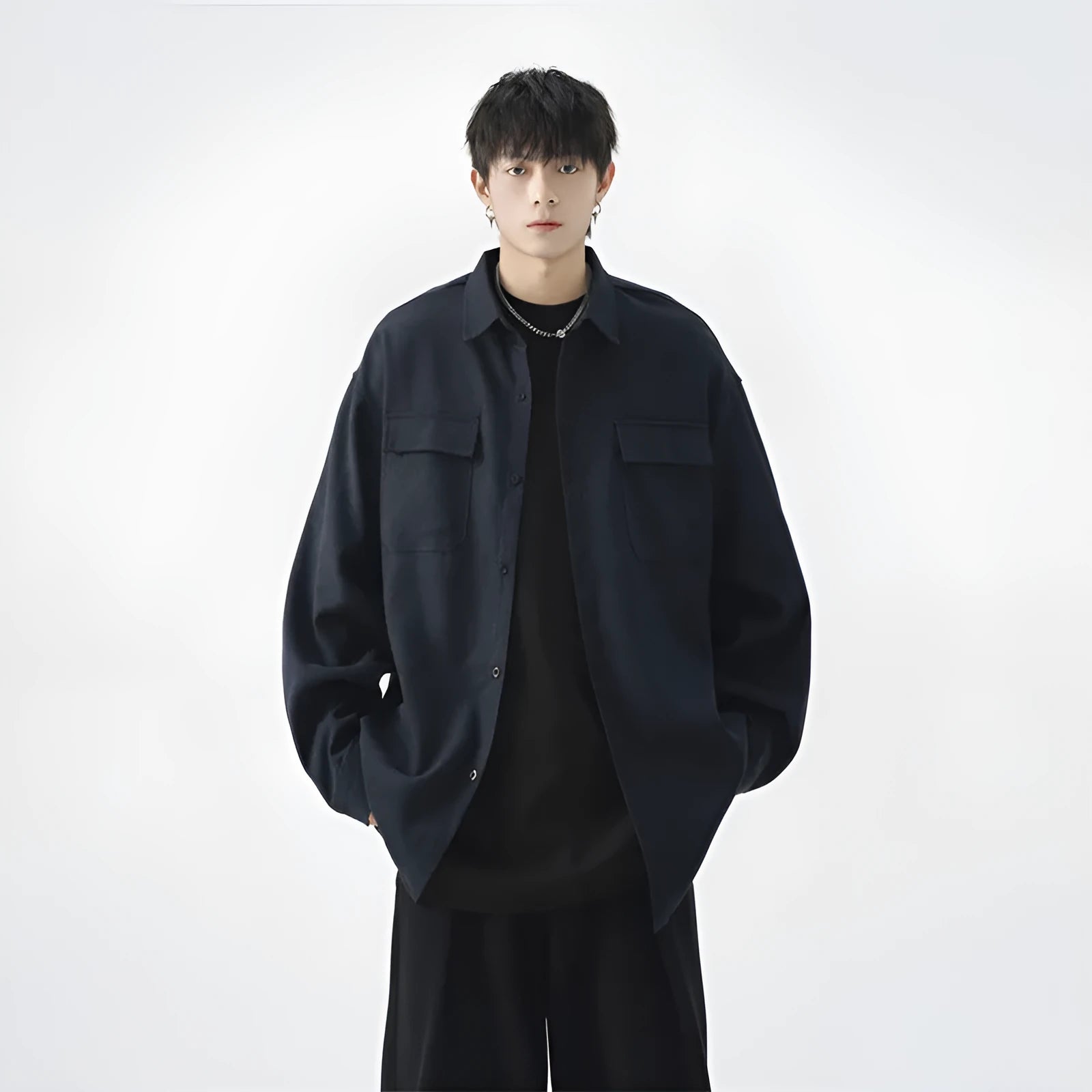 Men's loose large size casual work shirt jacket in blue, synthetic fibre blend, long sleeves