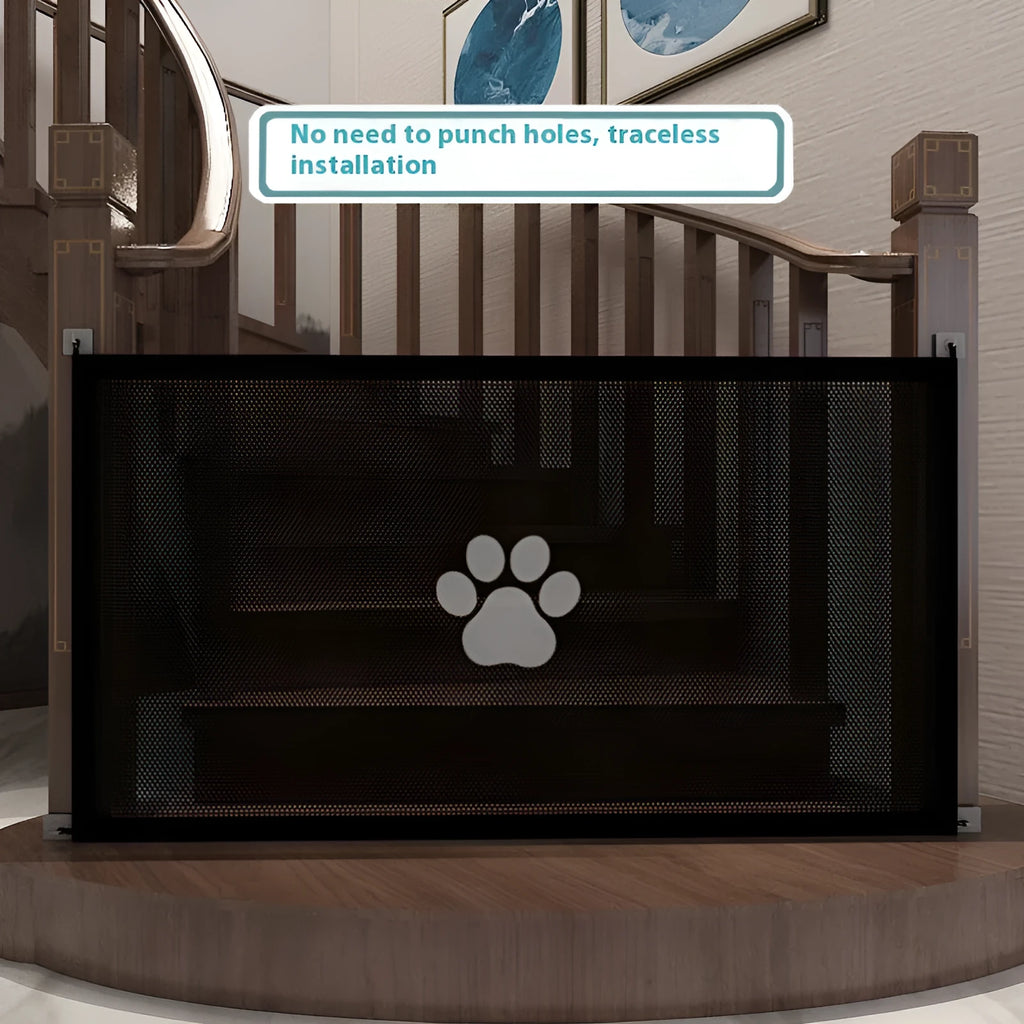 Portable folding dog barrier net fence with pet doorsill design showing black dog footprints
