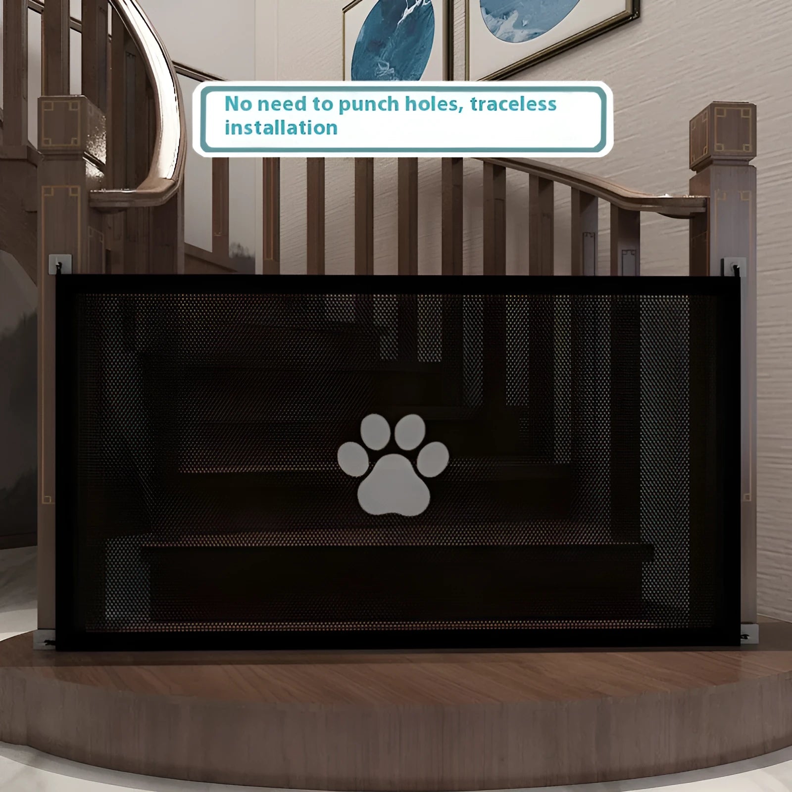 Portable folding dog barrier net fence with pet doorsill design showing black dog footprints