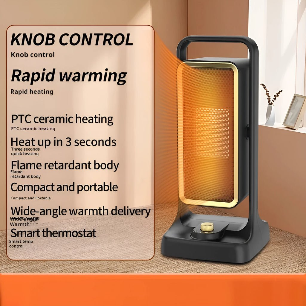 Black compact PTC ceramic desktop personal heater with control knob.