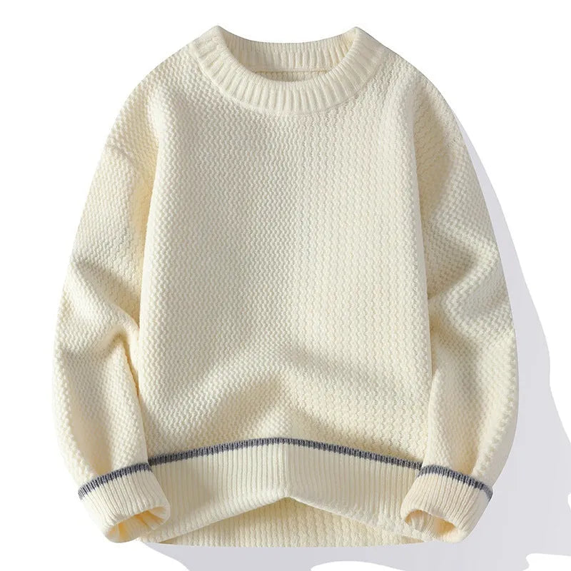 Grey loose fit men's round neck pullover sweater with long sleeves on a hanger.