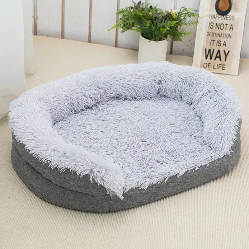 Grey winter warm pet plush large kennel for dogs with long wool finish, oval open nest design