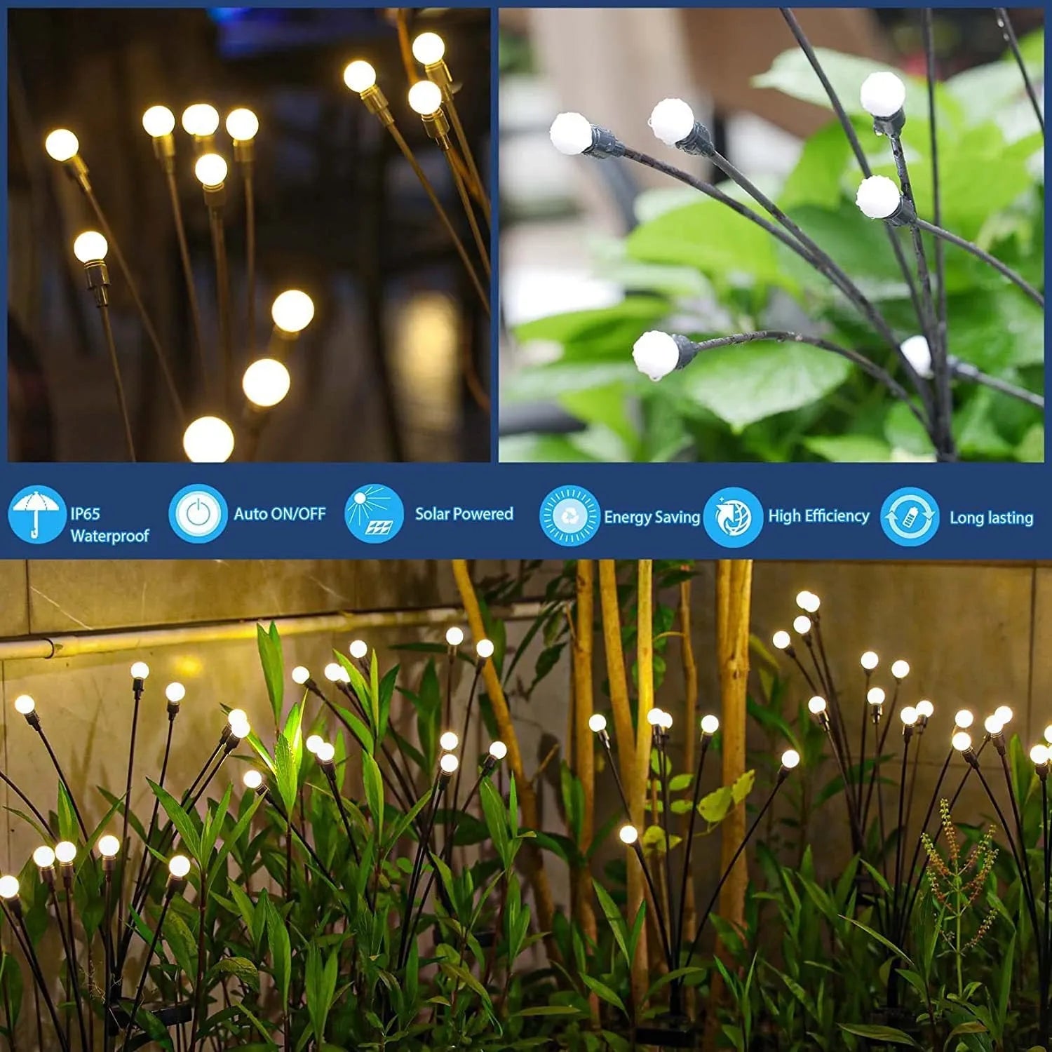 Solar-powered LED garden light with multiple heads on stainless steel ground spikes