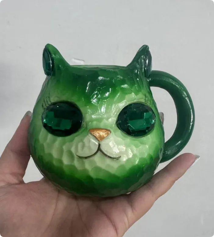 Crystal Earth cat cup resin craft gift in purple, green, blue, and pink colour options.