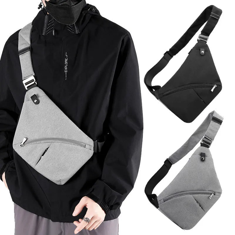 Men's grey Oxford cloth chest bag with single shoulder strap worn cross-body