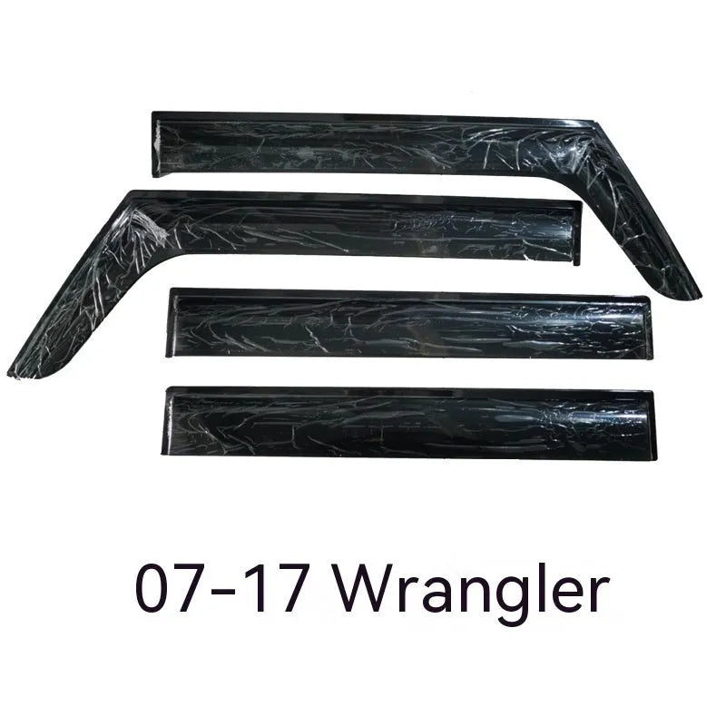 Four-piece PVC rain visor kit for Jeep Wrangler windows showing vehicle-specific installation