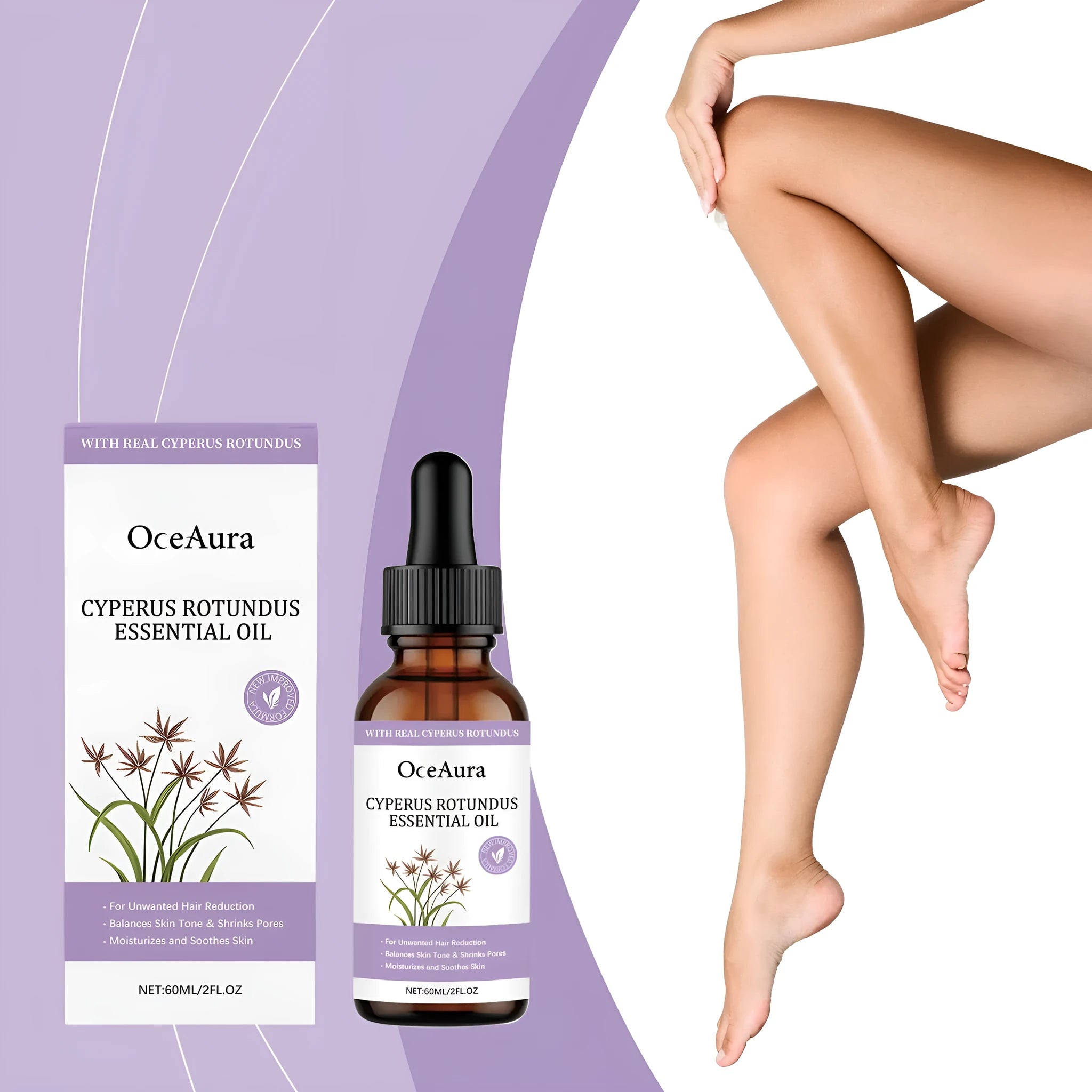 60ml bottle of fragrant hair removal treatment softening oil with botanical extracts.