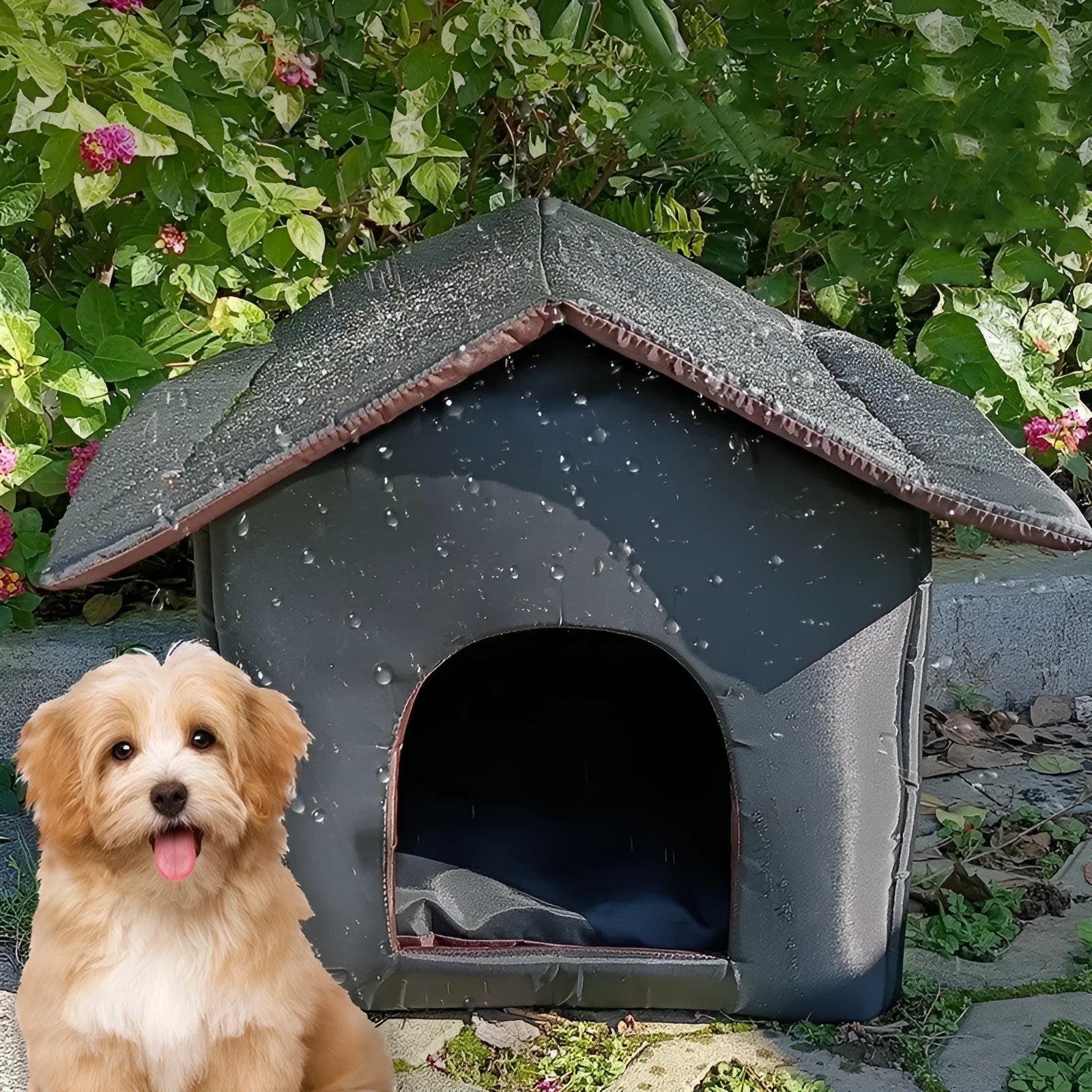 Black outdoor waterproof Oxford cloth cat shelter for stray cats on grass with detachable house nest design