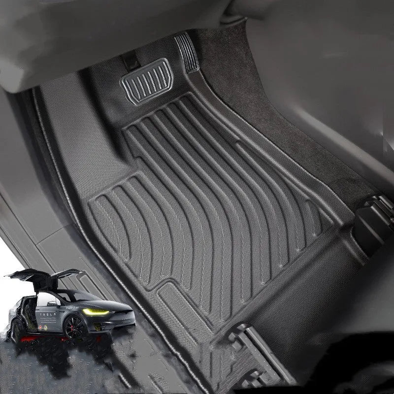 TPE waterproof foot pads for Tesla Model X showing front, rear, and tailbox mats