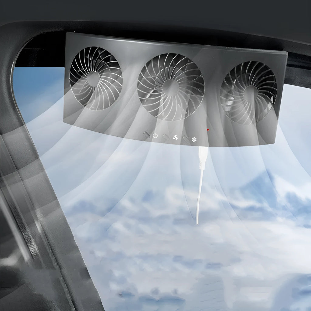 Black and white portable USB car ventilation fan for vehicle interior exhaust and heat dissipation