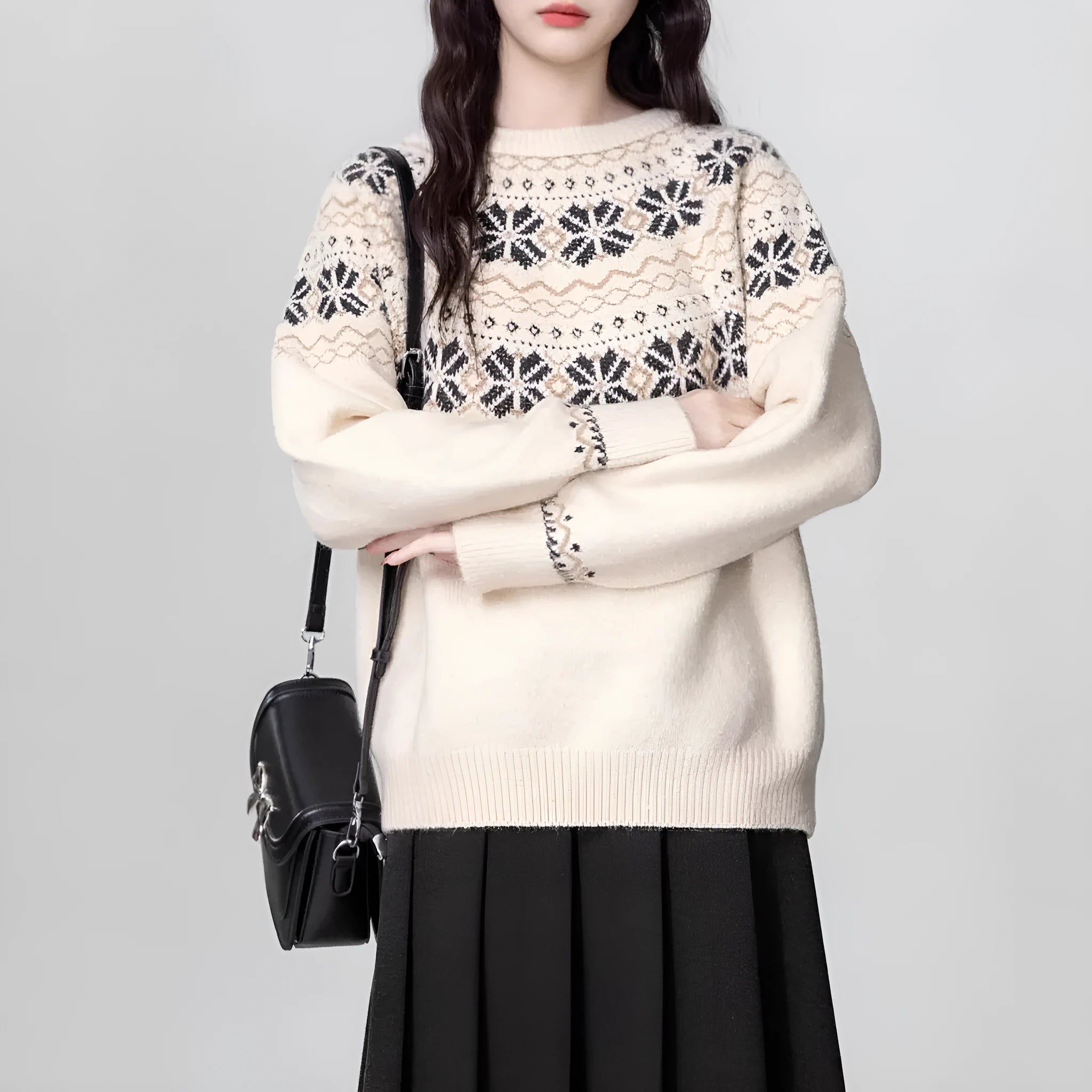 Women's milky white fair isle geometric pattern pullover sweater with a crew neck and long sleeves.