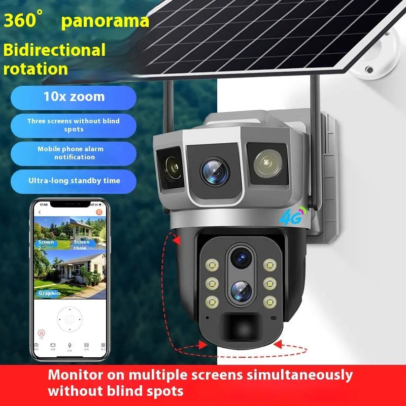 V380 outdoor smart monitor camera with solar panel on wall mount showing three-screen display