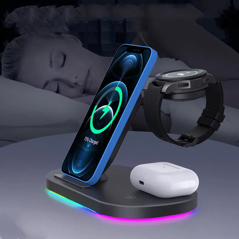 Three-in-one wireless charging station for mobile phones, watches and headphones in black or white