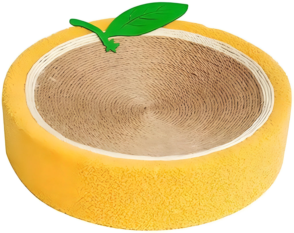 Round yellow fruit design sisal cat scratching board doubling as a cat bed.