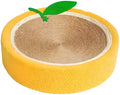 Round yellow fruit design sisal cat scratching board doubling as a cat bed.
