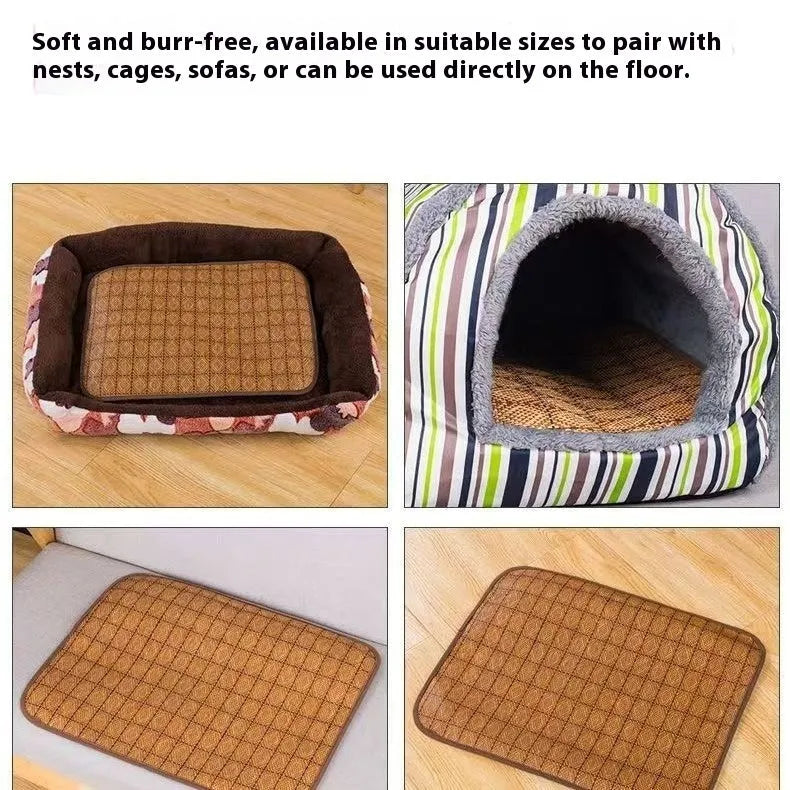 Brown rattan fibre dog cooling mat shown on a floor, available in multiple sizes.