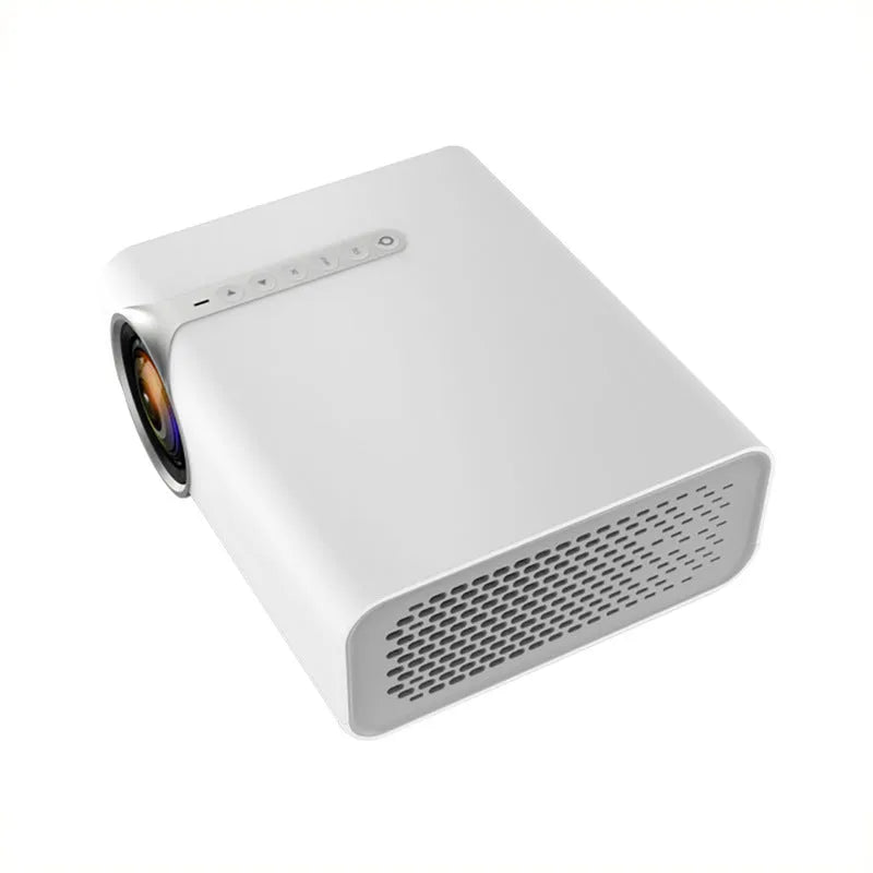Black and white mini mobile phone projector with LED lens for wireless projection up to 138 inches.