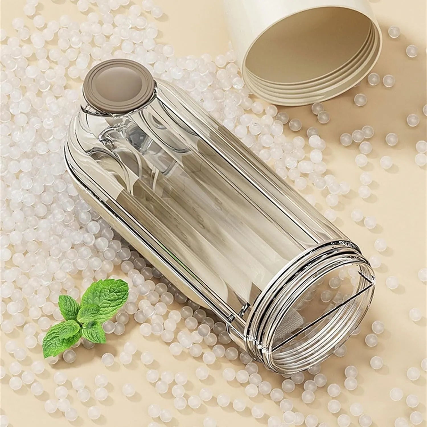 Beige and green foldable leak-proof dog water bottle with food container for outdoor use