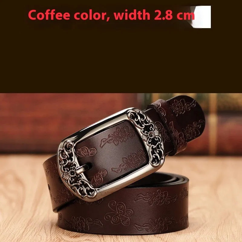 Thin black women's PU leather jeans belt with an alloy double-buckle fastening.