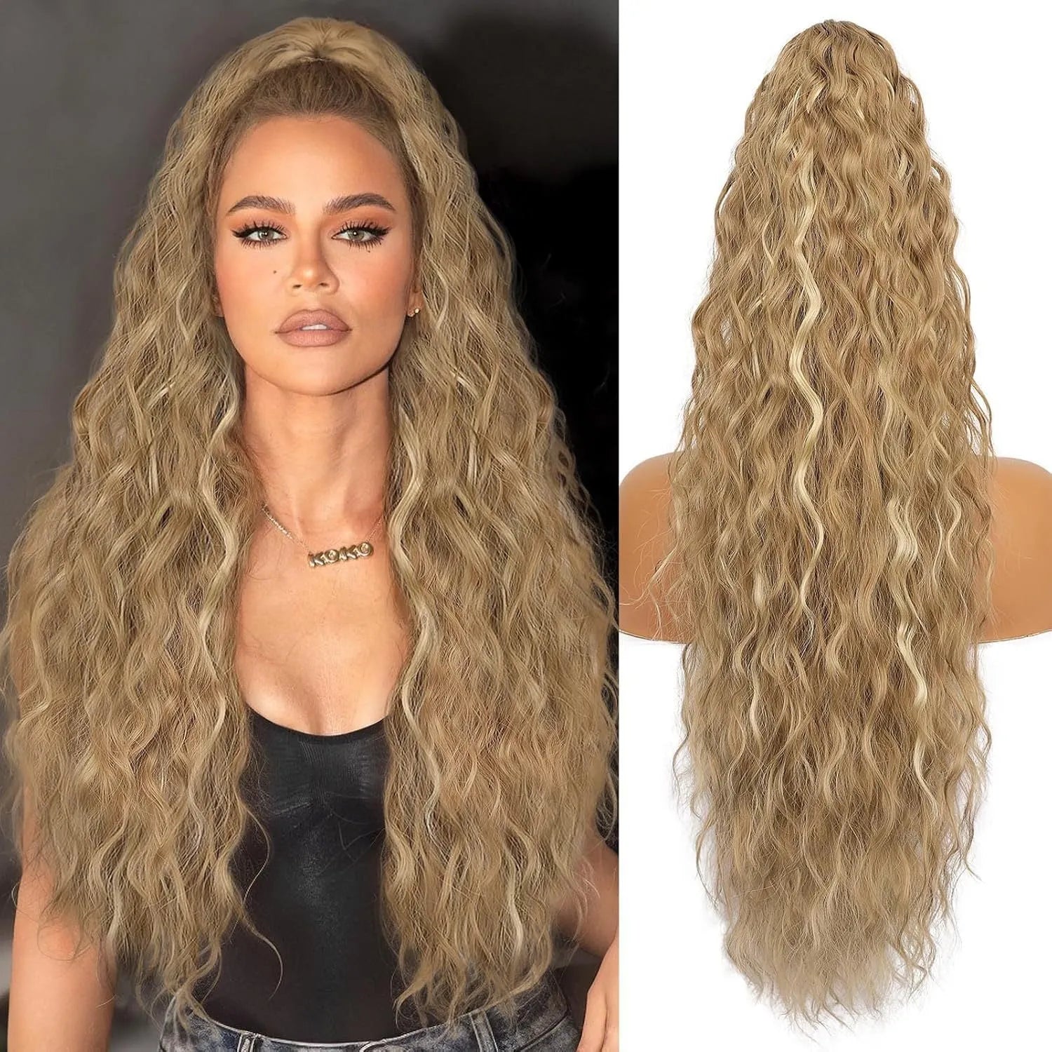 Long curly synthetic ponytail wig in high temperature fibre, 30 inches in length.
