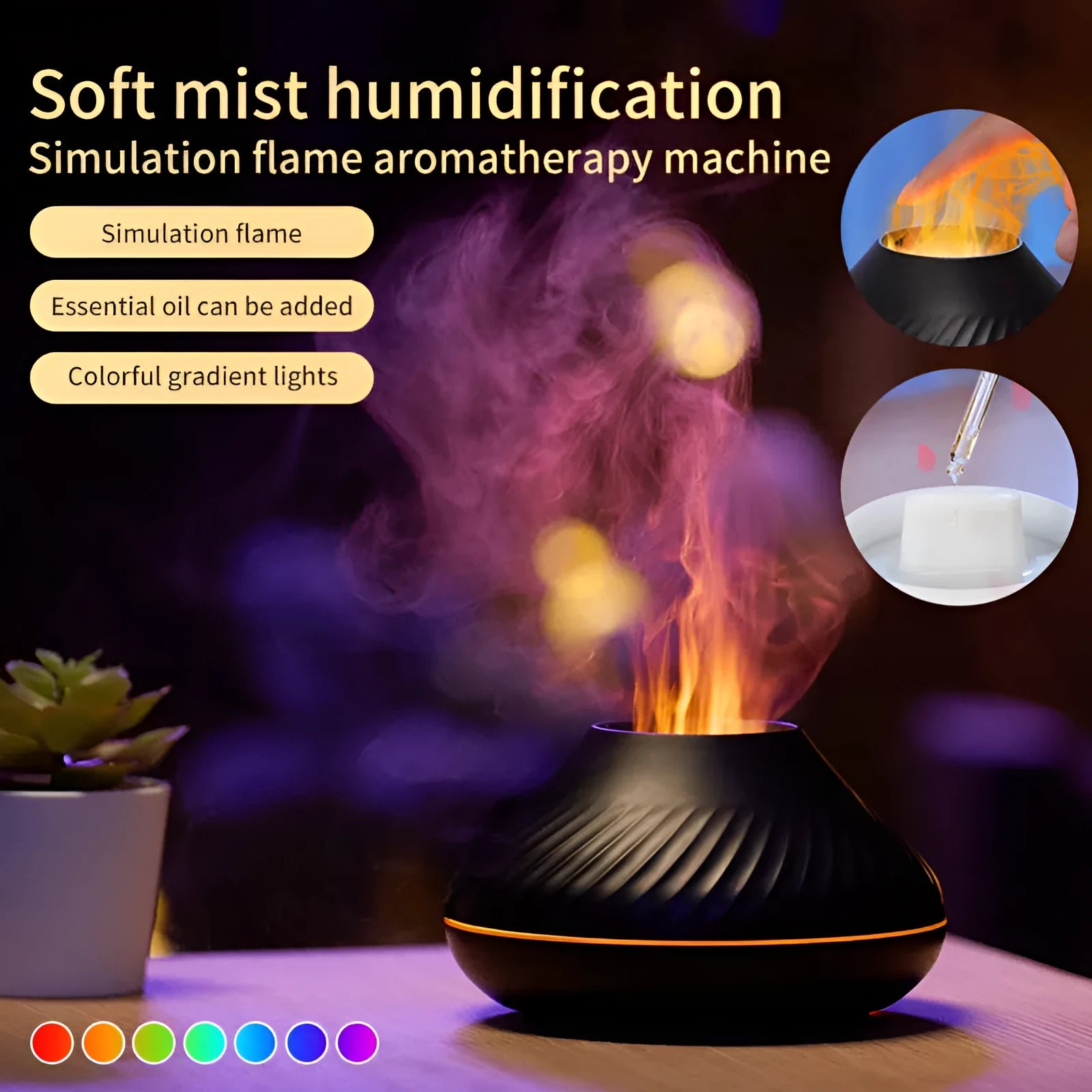 Beige volcanic flame aroma diffuser with LED lighting and mist output