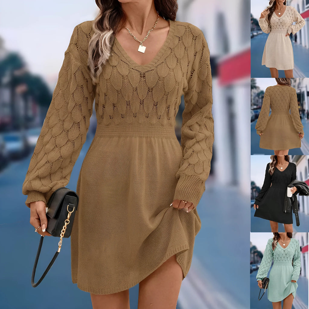 Artistic retro V-neck long sleeve dress in apricot with a high waist and 3D pattern.