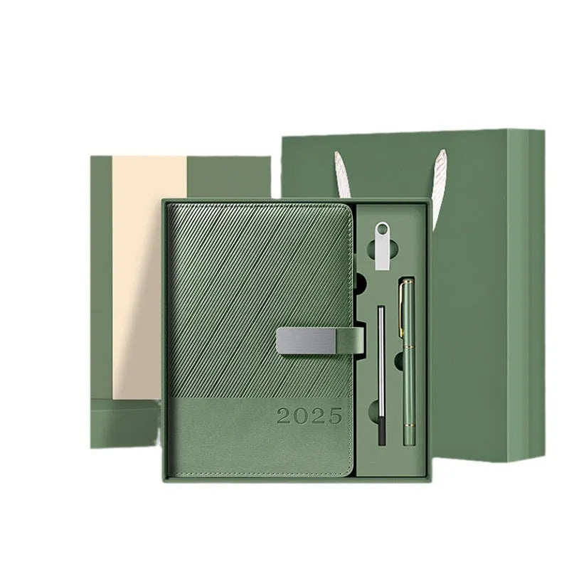 Executive leather notepad open showing 80g paper with striped PU cover in professional colour