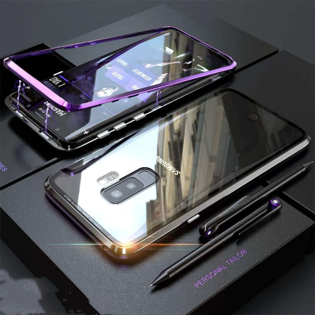 Black anti-peeping magnetic phone case for Samsung Galaxy shown in clamshell open position
