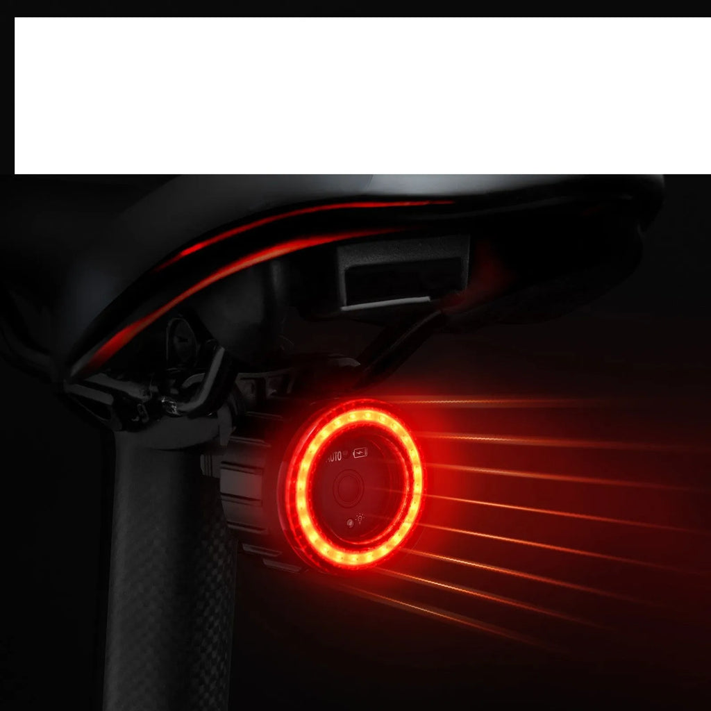 Black Intelligent Induction Brake Taillight for bicycles with seat tube bracket.