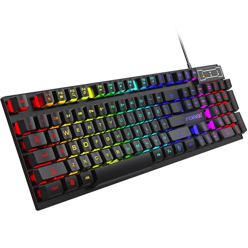 Black gaming keyboard with 104 backlit keys bundled with matching mouse on desktop