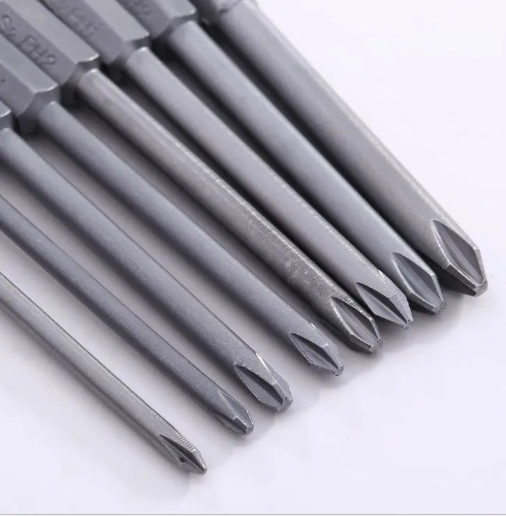 Set of eight long 75mm magnetic Phillips head screwdriver bits with red sleeves on a white background.