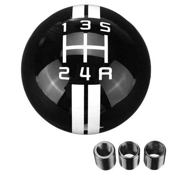 Black acrylic manual car gear head with 5-gear pattern showing red lettering and three installation screws