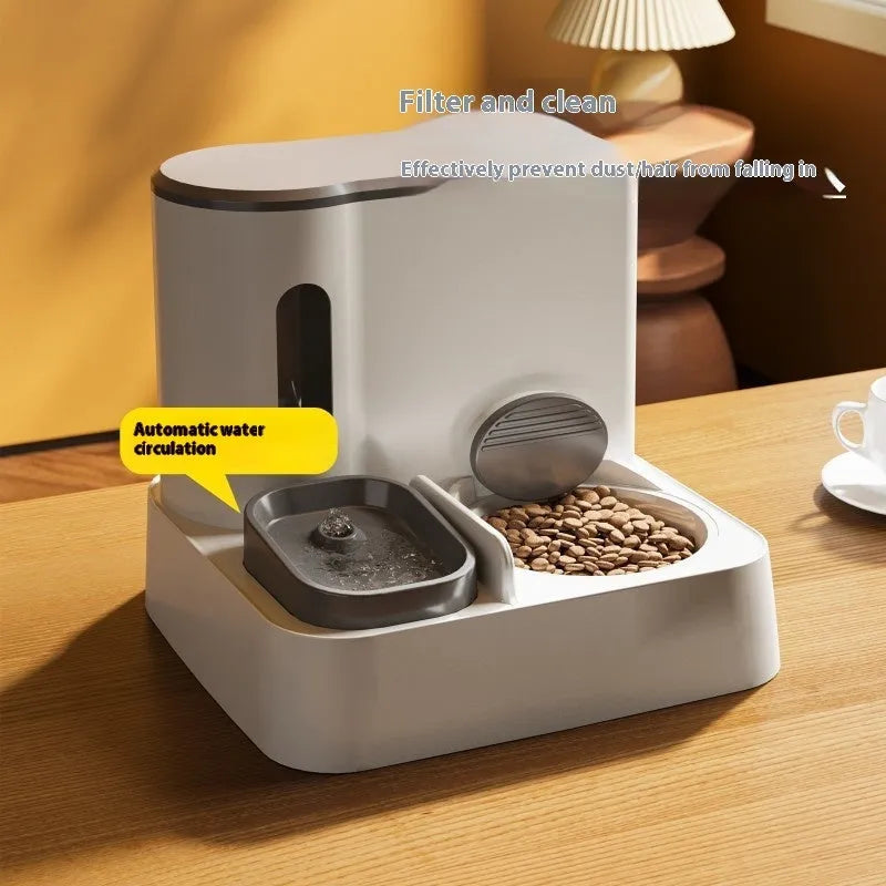 Grey cat automatic pet feeder with integrated double bowl water dispenser