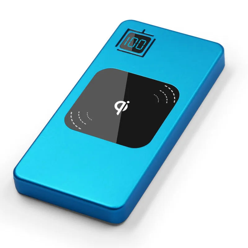 Portable power bank with LCD display showing battery percentage, alloy shell, available in multiple colours