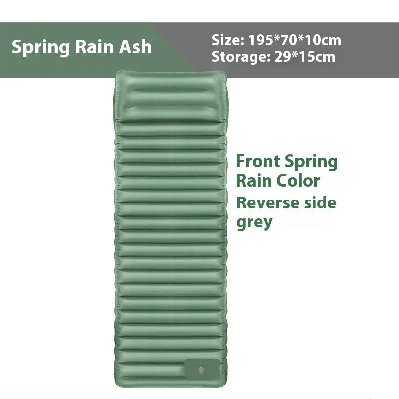 Single portable inflatable camping mattress in grey, shown at full 195cm length and 10cm thickness.
